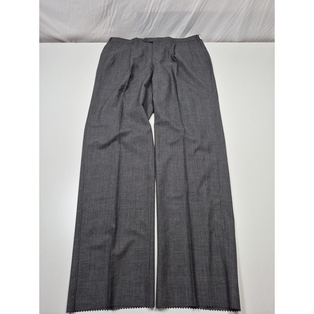 Majer Dress Pants Mens 41x36 Gray Wool Pleated Plaid Derby Unhemmed Super 110s